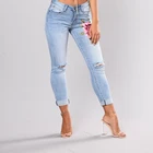 Джинсовые брюки с вышивкой, женские узкие джинсы с завышенной талией, длинные узкие брюки, брюки-карандаш с дырками