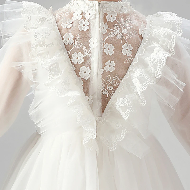 

Flower Girl Dresses Illusion Luxury White Embroidery Ball Gown Floor-Length Lace O-Neck Bow Full Kids Party Princess Skirt D345