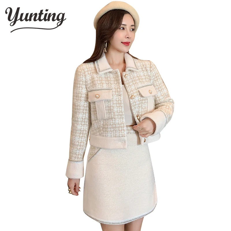 

Женский твидовый костюм из 2 предметов, элегантный однобортный шерстяной пиджак с карманами и юбка-трапеция с высокой талией, костюм на осен...