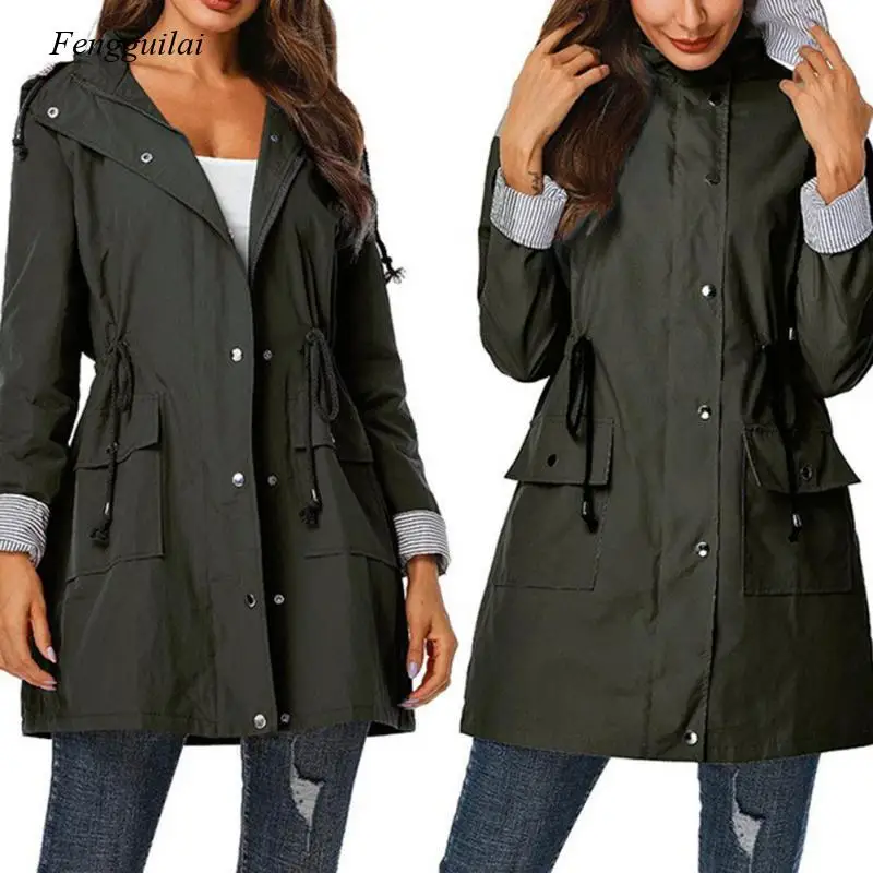 

Spring and Autumn Women's Windbreaker Waterproof Solid Color Long Waist Hooded Autumn Windbreaker Long Sleeves