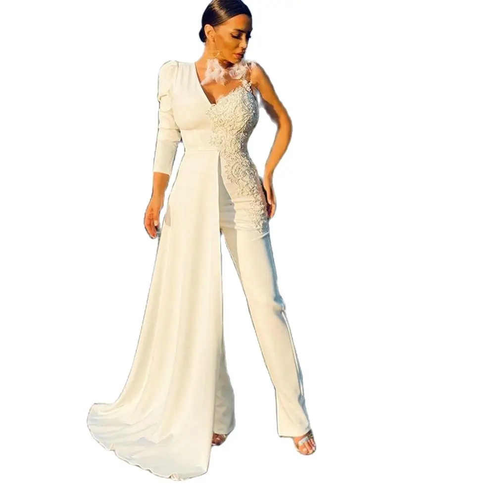 

Ivory One Shoulder Evening Jumpsuit Dress Three Quarter Sleeve Appliques Lace Formal Evening Party Cape Dresses