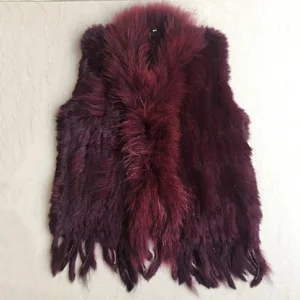 Женский вязаный жилет, белый свитер без рукавов с v-образным вырезом, воротник из мягкого меха енота, натуральный кроличий мех, размера плюс