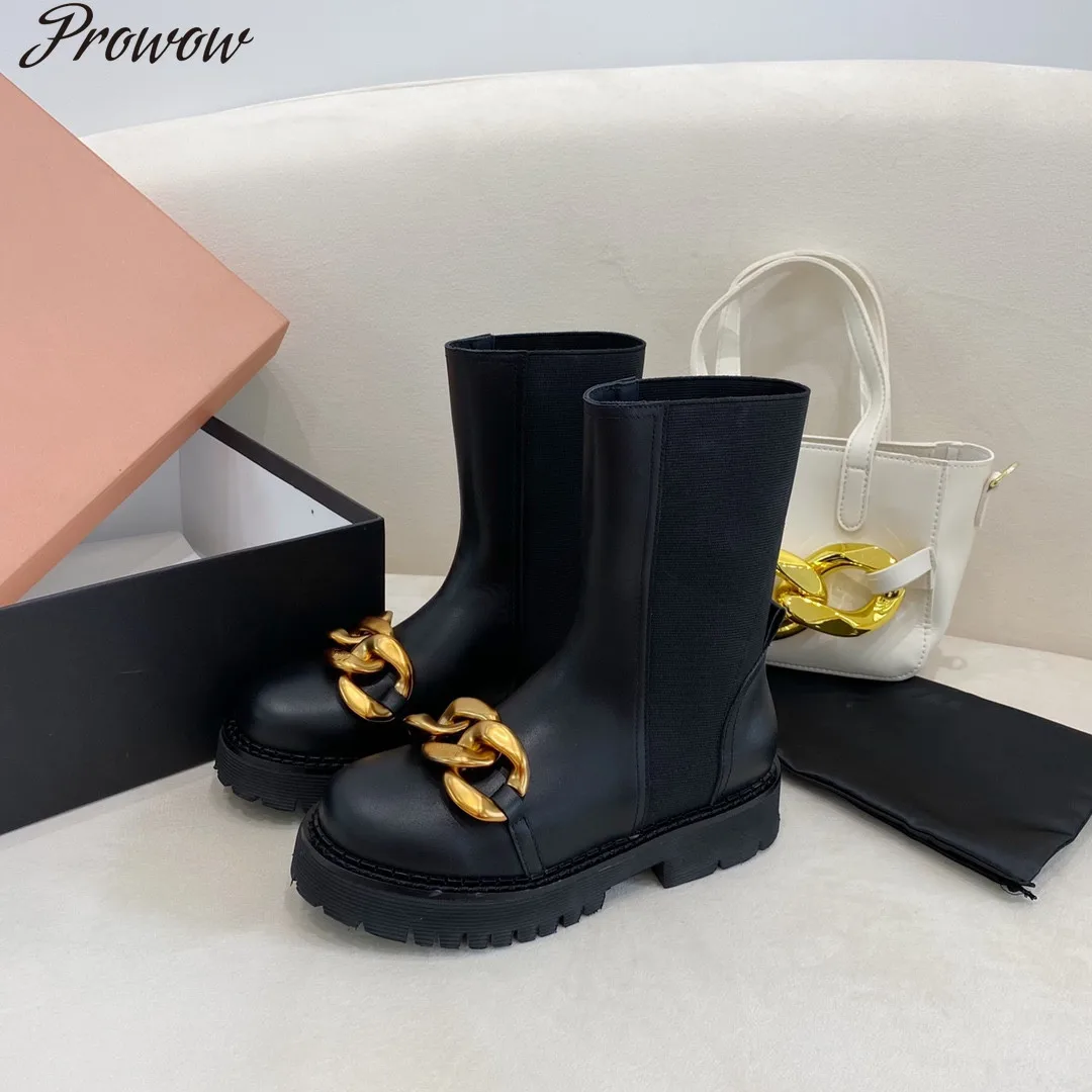 

Prowow New Women Shoes Winter Genuine Leather Platform Short Boots Metal Decoration Slip-On Designer Shoes Size 35-41