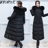 ayunsue luxury natural fox fur hooded womens winter down jacket woman 90 duck down coat female x long warm down parkas 18176