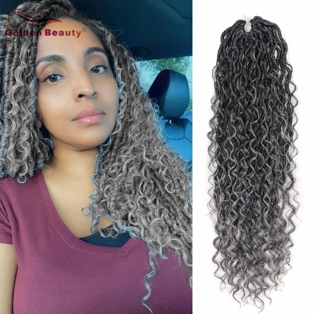 

Golden Beauty Synthetic Hair Crochet Braids Ombre Brown Grey 26Inch River Locs Curly End Pre Looped Braiding Hair Extensions