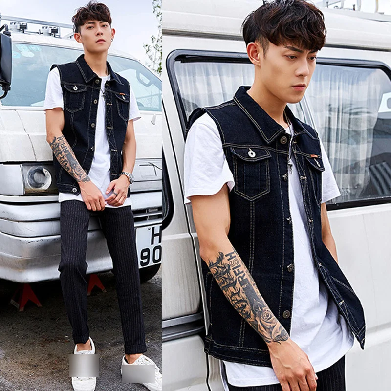 Мужская джинсовая безрукавка в ковбойском стиле черная повседневная Короткая