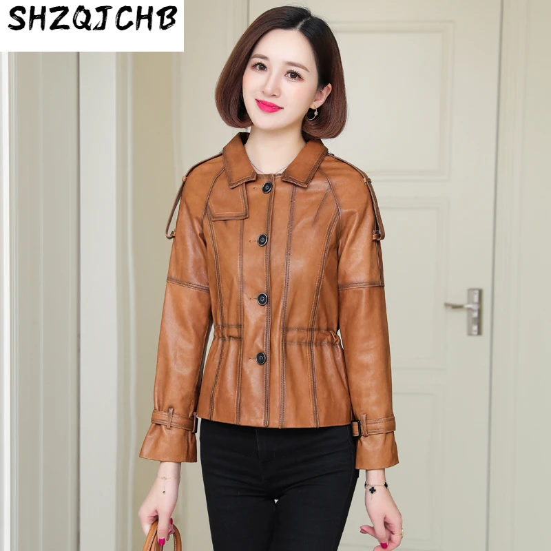 

SHZQ кожаная одежда женская короткая осенняя одежда на шнуровке новая модная кожаная куртка из овчины