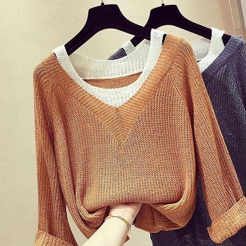 Pullover Sweater Women Winter 2020 Loose Long Sleeve Fake Two Fashion Knitted Sweaters Plus Size | Женская одежда