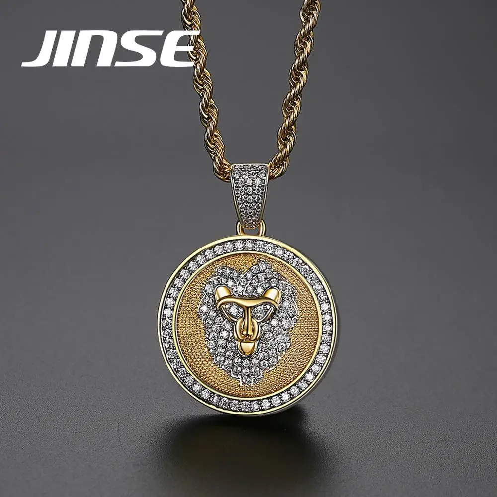 JINSE золотистого цвета лев голова Bling кулон ожерелье для мужчин в стиле панк