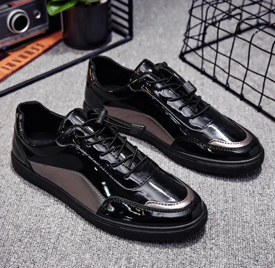 Мужские кожаные кроссовки черные повседневные на плоской подошве шнуровке для