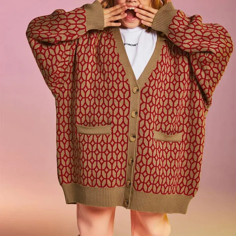 Women's Diamond Pattern Knit Cardigan Female Fashion V Neck Single Breasted Buttons Loose Casual Knitted Sweater 2021 Autumn |