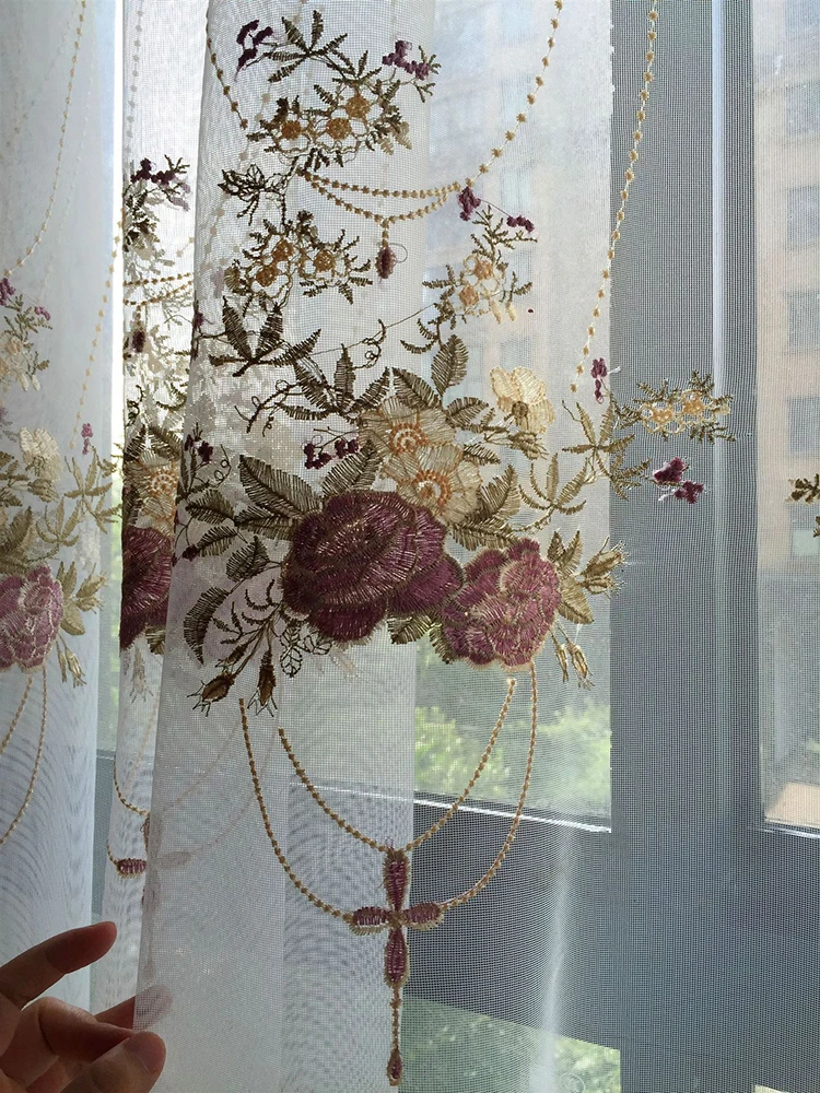 Luxury Lace Blue Embroidered Curtains Sheer For Living Room Pink-purple Romantic Princess Window Screen Kitchen Tulle Drapes | Дом и сад