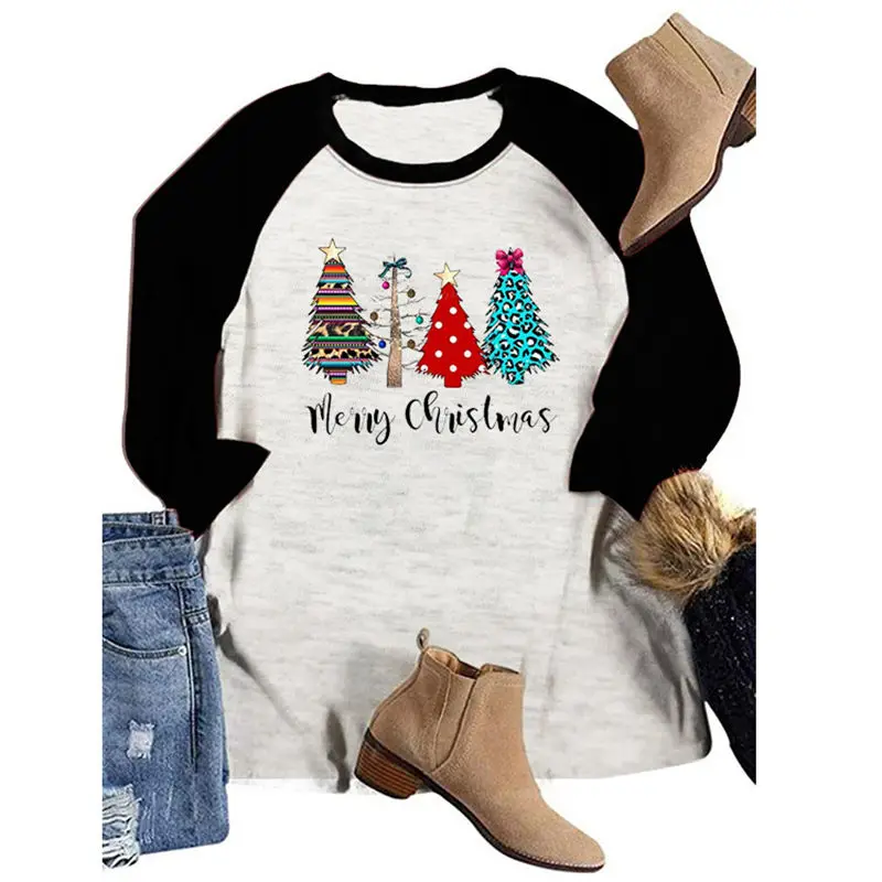 

Women Merry Christmas Trees Leopard Shirt Graphics Top Slogan Long Sleeve Raglan Slogan Tee Splicing Funny Casual T-Shirt