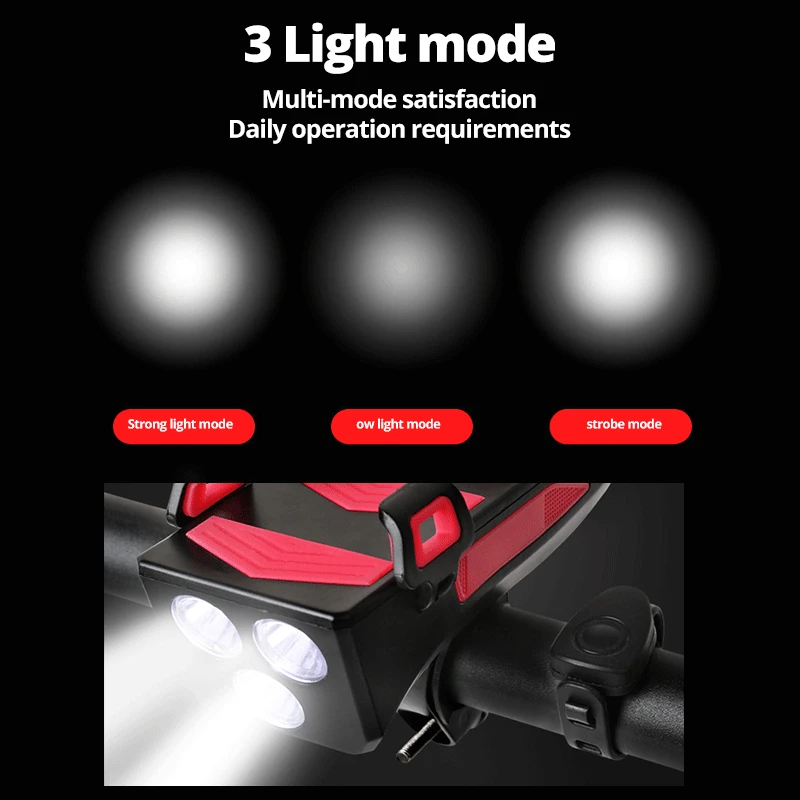 

4 in1 Bicycle Mobile Phone USB Charging Treasure Rack Holder Headlight Speaker Bike Phone Support Bracket Alarm Bell Front Light