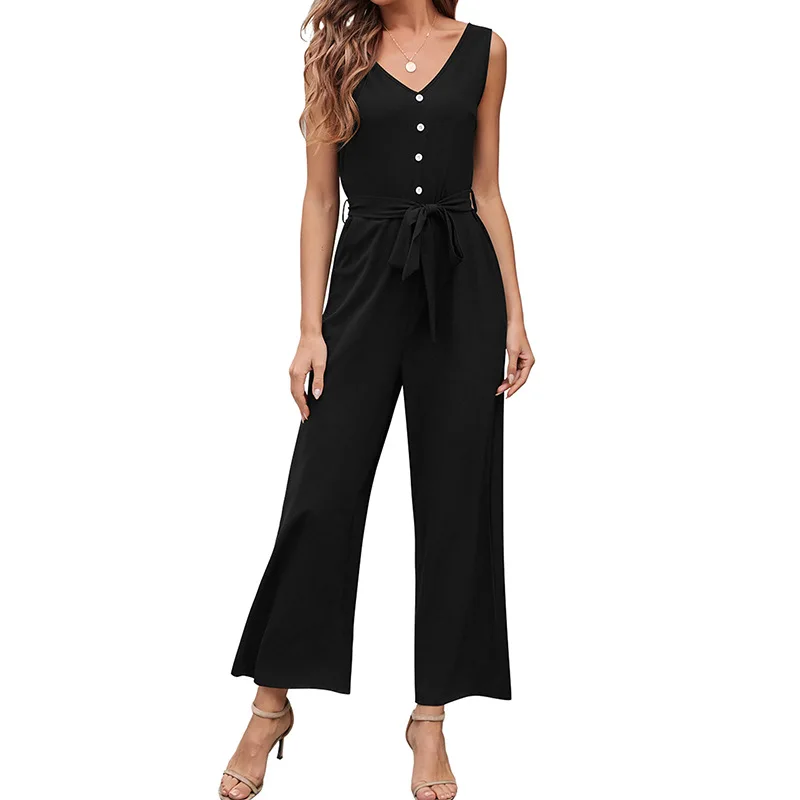 

2021 Summer New Women's Casual Pants Button Sling Belt Jumpsuit Women Fashion Solid Color V-Neck Sleeveless Backless Rompers