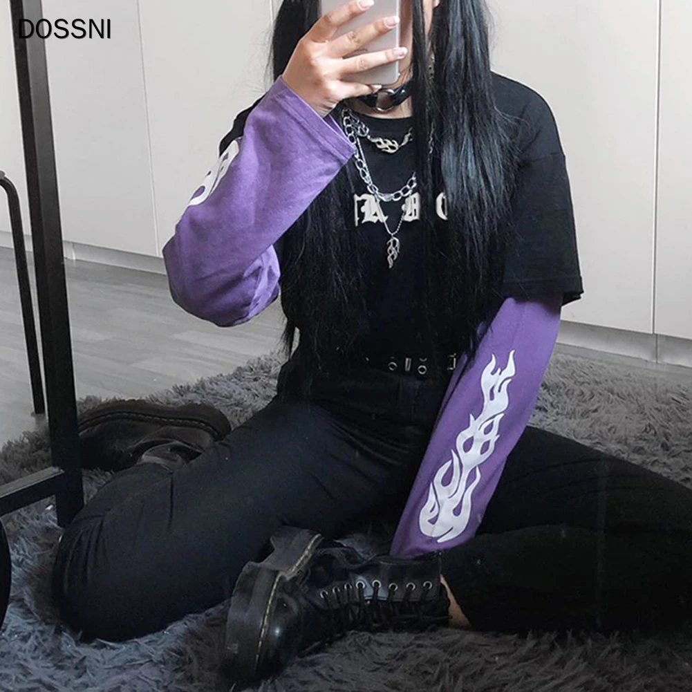 

Женская футболка с длинным рукавом DOSSNI, топ в стиле панк, уличная одежда в стиле пэчворк с принтом огня, Готическая Осенняя рубашка в стиле Х...