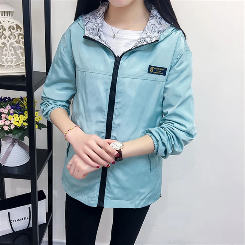 

Autumn Fashion New Jacket Women Hooded Zipper Casual Coat Loose Double-side Wearing Long Sleeve Short Outwear Thin Windbreaker