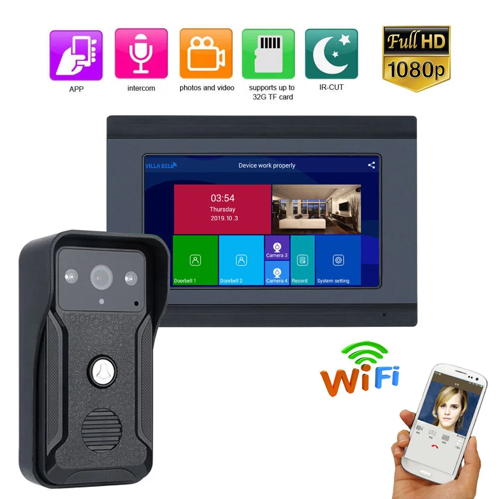 

HD 1080P Camera Wired /Wireless Wifi Video Door Phone Doorbell Intercom System 7 inch Monitor Remote APP intercom,unlocking