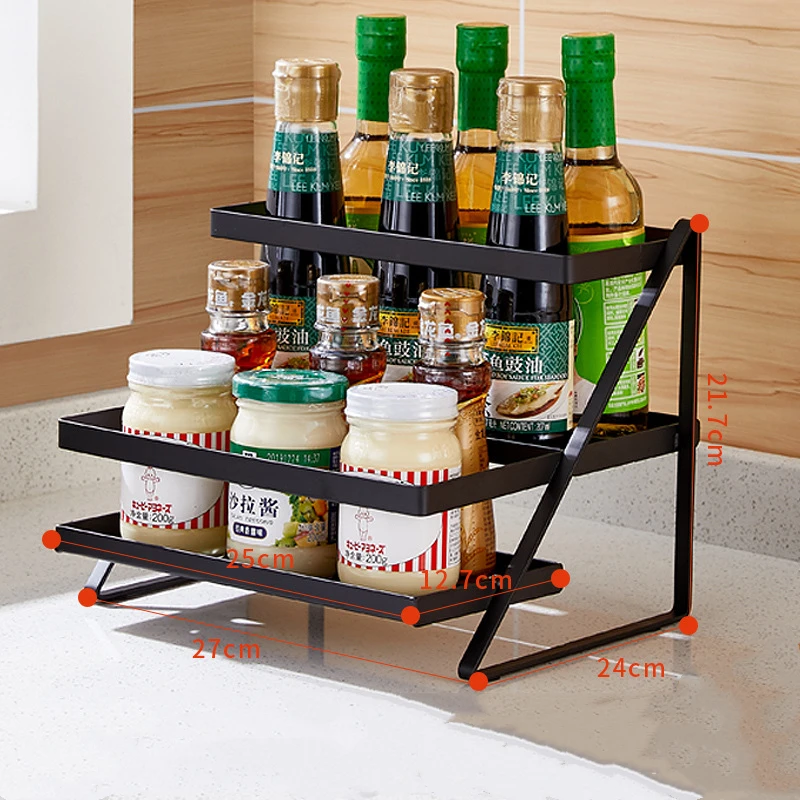

Double Layer Black Stainless Steel Kitchen Spice Rack for Seasoning Boxes Storage Shelf Bottles Holder Organizer Sundries Tools