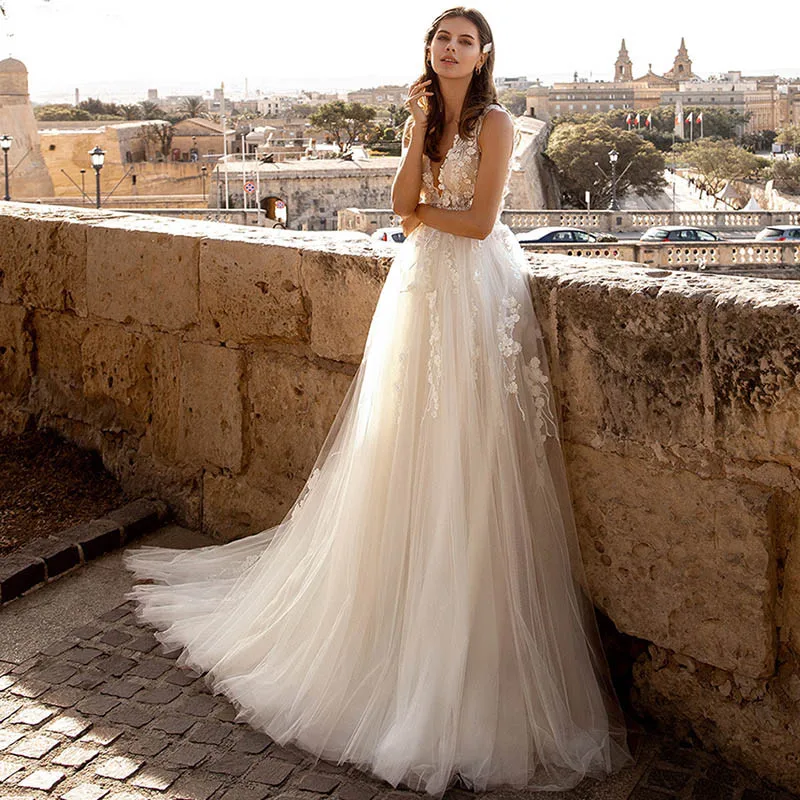 

KapokDressy Sexy V-Neck Beach Wedding Dress Lace 3D Flowers Appliques Bride Dresses Boho Vestido de noiva Princess Wedding Gowns