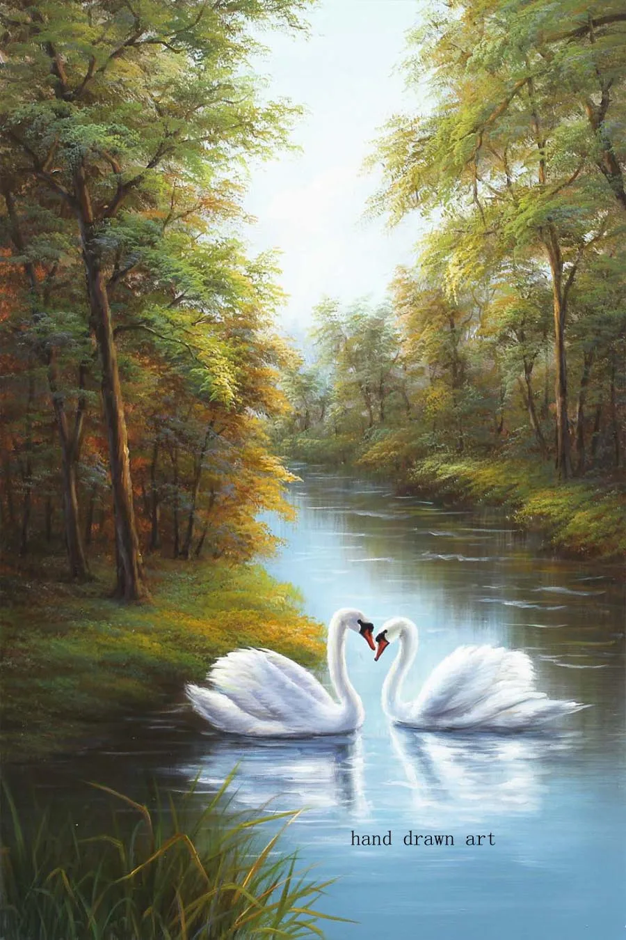 Old artist master original realistic art oil painting on canvas: home decoration good luck love each other white swan | Дом и сад