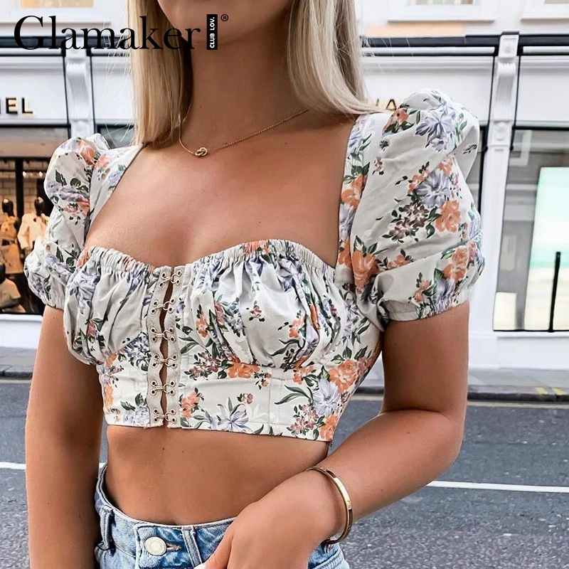 Glamaker, цветочный принт, бодикон, пуш-ап, майка, женская, cami, летняя, на пуговицах, кроп-топ, женский, кроп-педд, уличная одежда, Топы И Футболки, камзол