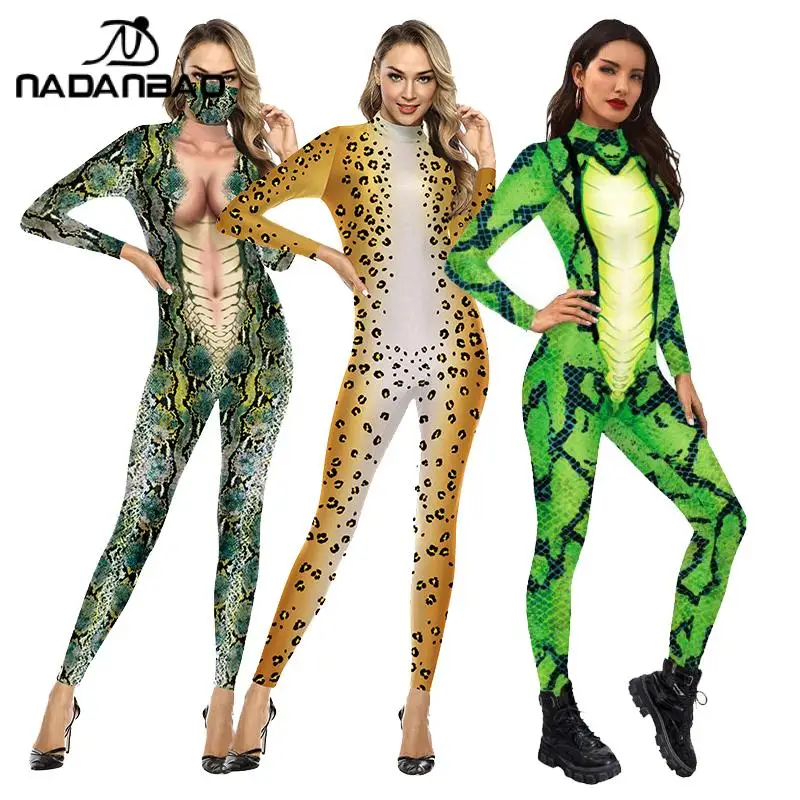 NADANBAO-mono elástico de una pieza para adultos, traje de Cosplay de pitón verde, medias 3D de animales, serie COS, serpiente, ropa Sexy para Halloween