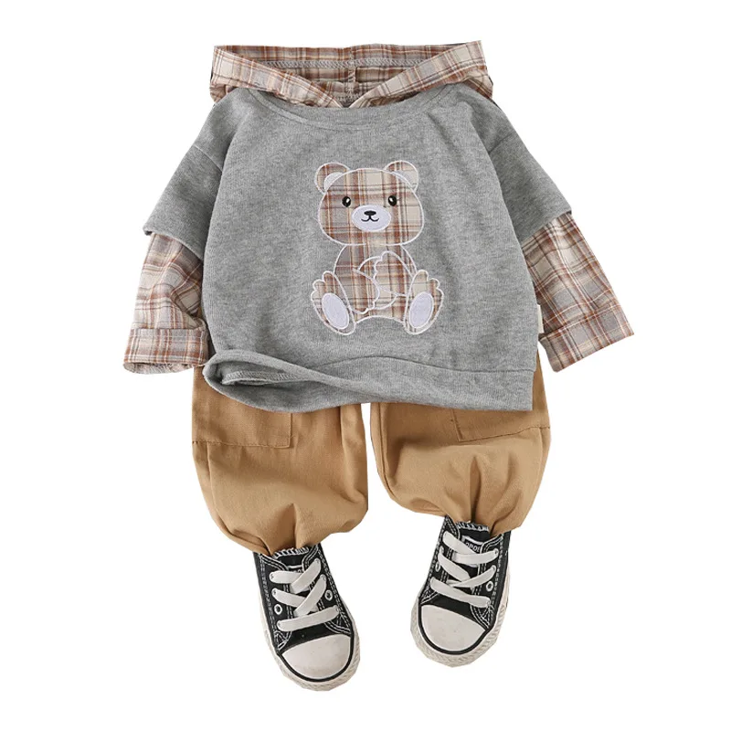 Su&eacute;ter de manga larga con capucha para ni&ntilde;os y ni&ntilde;as, traje de dos piezas de manga larga con capucha de oso para primavera-4