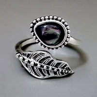 fashion new shell moonstone leaves ring creative adjustable opening antique thai silver ring for women party jewelry gifts