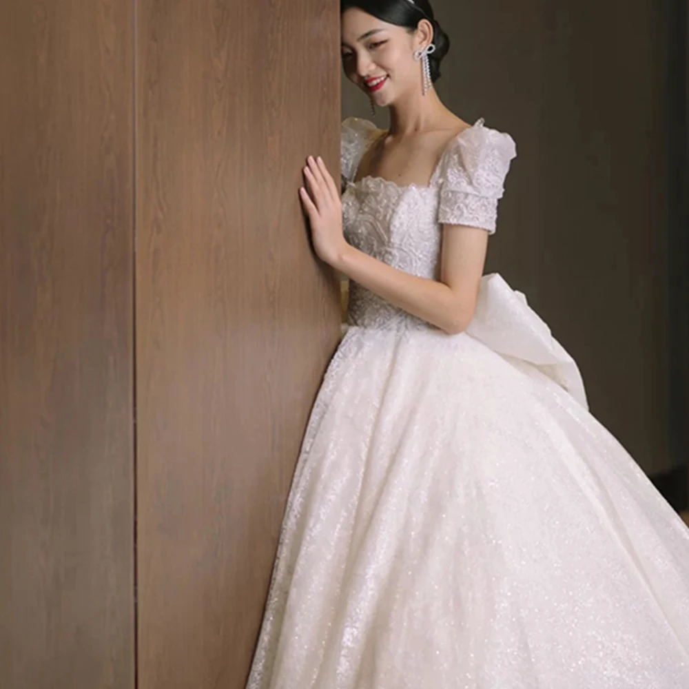 

Dioflyusa Embroidery Sequins Square Collar Wedding Dress Women Short Sleeve Lace Up Bow Tulle Long Gown Female Slim Bride Dress