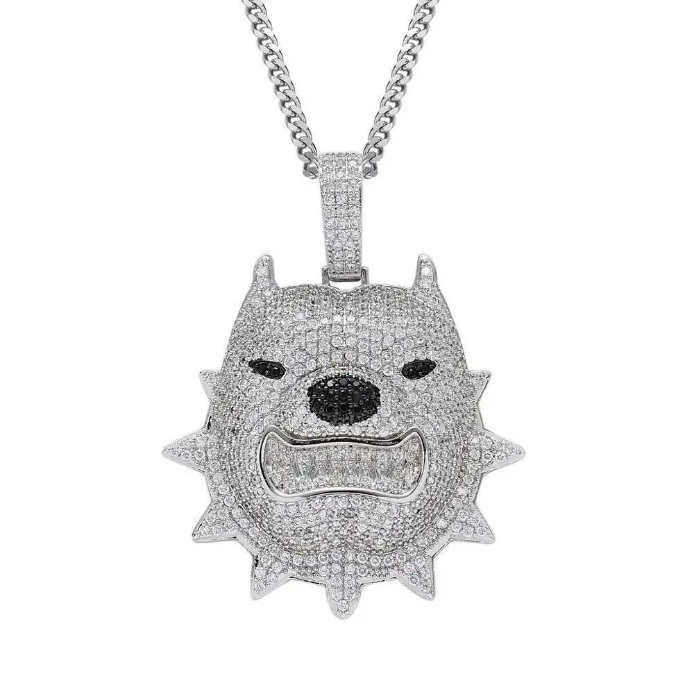 

Hip Hop Bully Dog Head Pendant Necklace Pave Cubic Zircon Luxury Iced Out Crystal Pendant With Stainless Steel Link Chain