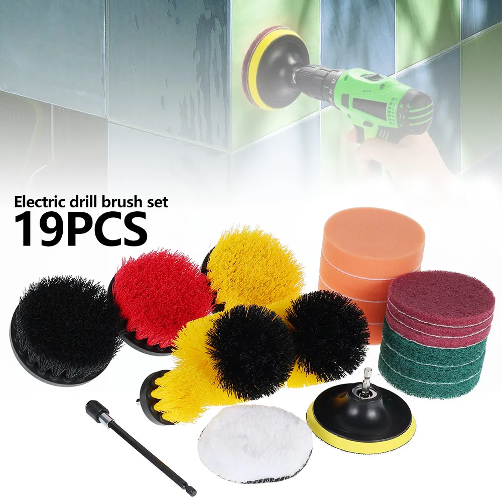 

19PCS Drill Brushes Attachment Kit with Extender Electric Scrubber for Carpet Glass Kitchen Grout Car Multipurpose Cleaner
