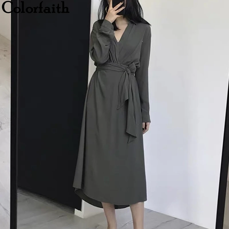 Женское однотонное платье миди Colorfaith элегантное с длинным рукавом v образным