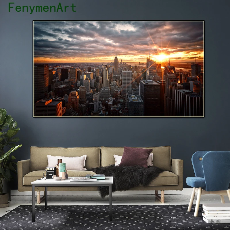 

New York City Sunrise Landscape Canvas Painting Skyscrapers Poster Print Cityscape Wall Art Pictures Living Room Home Decor