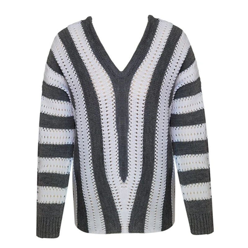 

Women's One Off Shoulder V-neck Knit Sweater Striped Contrast Color Hollow Out Knitted Sweaters Woman 2021 New Casual Lady Tops