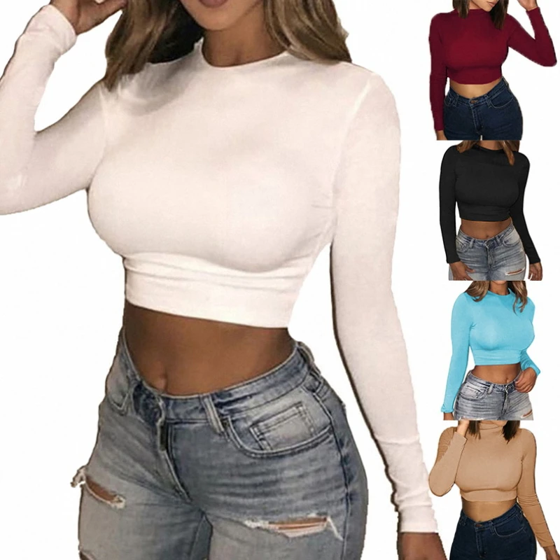 

2021 New Fashion Trendy Exposure of Navel Women Tops Long Sleeve O-neck Solid Color Slim Tee Femme T-shirts Girl's Summer Shirt
