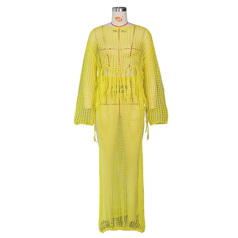 Сексуальное вязаное крючком Пляжное Платье макси с длинным рукавом женское