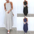 Женское платье в полоску, летнее, повседневное, с лямкой через шею, однотонное, Пляжное, длинное, большого размера # T2Q