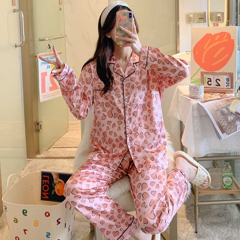 CAIYIER Women Pajamas Set Autumn Long-sleeved Pants Cute Turn-down Collar Nightwear Sexy Silk Cartoon Cartoon  Home Clothing 2XL