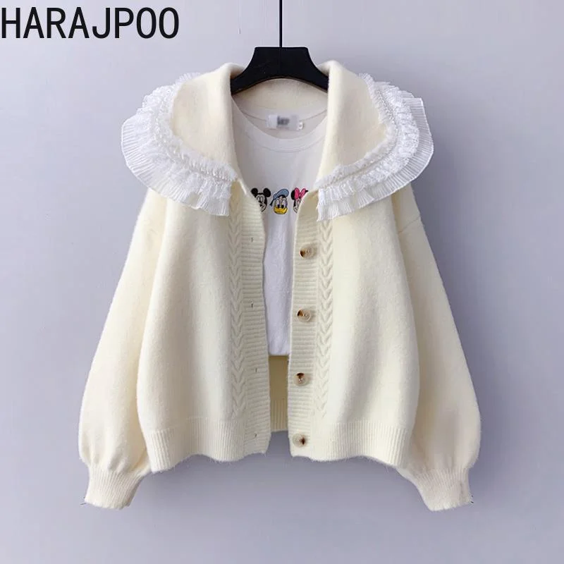 

Harajpoo Cardigans Women 2020 Fall Clothing New Korean Style Chic Knitted Sweaters Lace Doll Collar Lapel Thin Jacket Sweet Tops