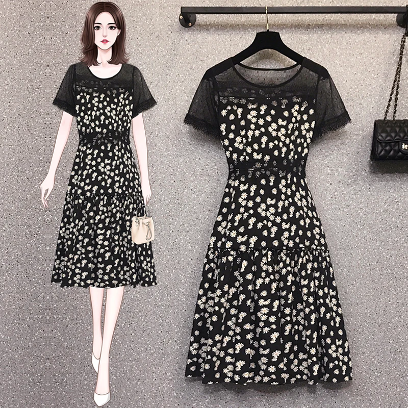 

4XL Plus Size Women Cute Daisy Flower Print Dress Summer 2021 Mesh Short Sleeve Patchwork Eyelash Lace Loose Ruffle Dresses