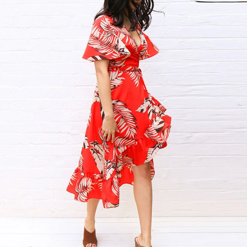 

Women's Summer Printed V-neck Half-Sleeve Shirt Chiffon Irregular Expandable High Waist Dress