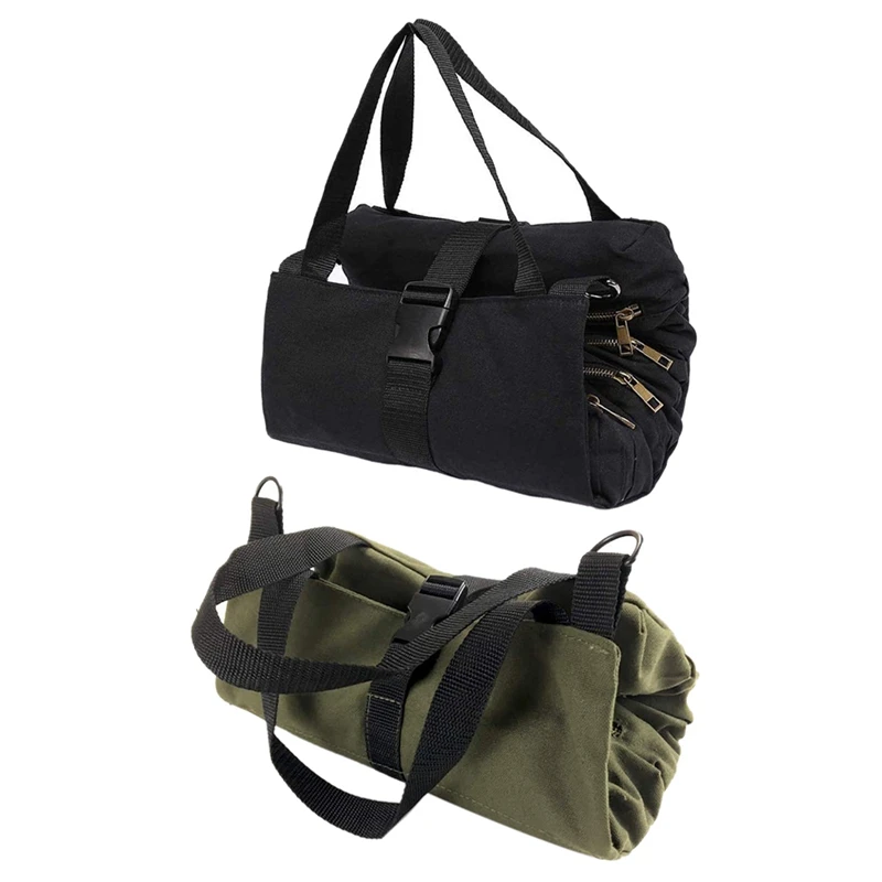 

HOT 2X PENGGONG Tool Roll Up Bag Zippered Bag 5 Pockets Canvas Tool Roll-Up Pouch Tool Bag Workbag(Black&Army Green)
