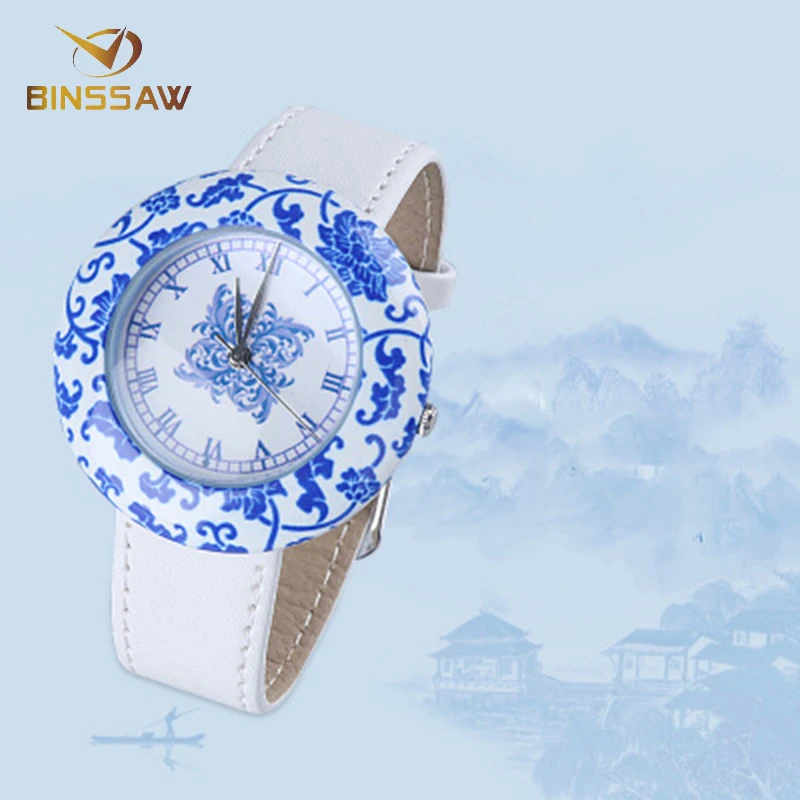 BINSSAW кварцевые часы в китайском стиле синие и белые фарфоровые декоративные с