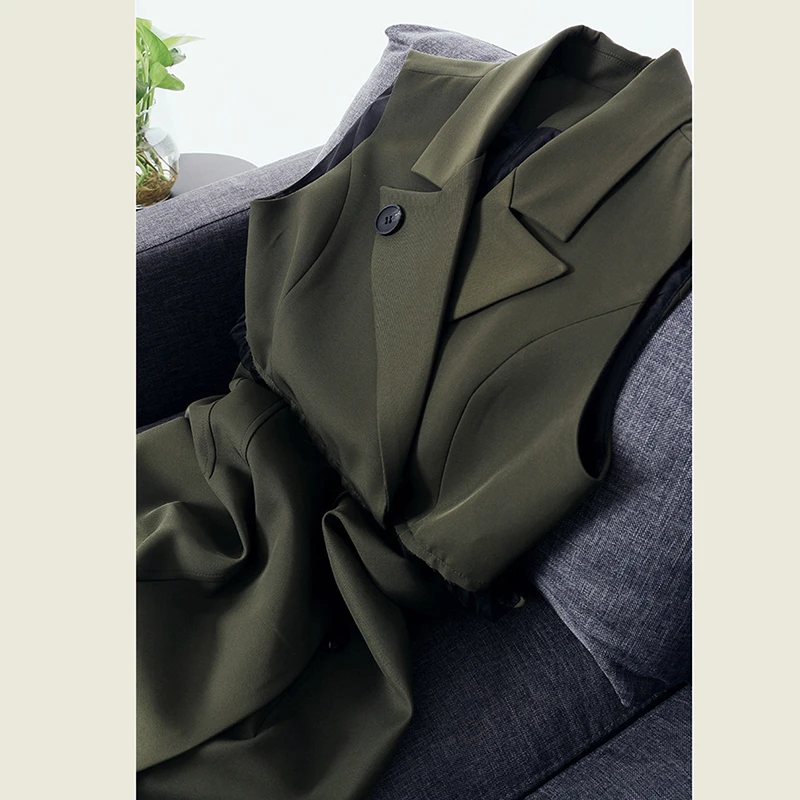 

[EAM] Women Black Loose Fit Hem Mesh Split Perspective Long Vest New Lapel Sleeveless Fashion Tide Spring Autumn 2021 1Y052