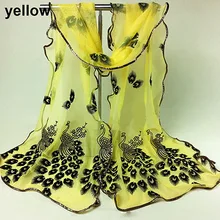 Bufanda de encaje con bordado de flores de pavo real para mujer, chal largo y suave, estola femenina, 2021
