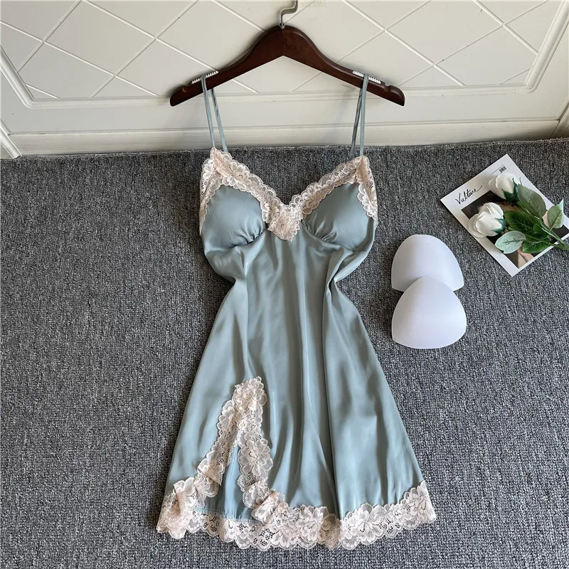 

Mini Split Home Dress Sexy Lace Trim Sleeveless Nightgown Women Summer Sleepwear Black Suspender Nightdress Silky Nightwear