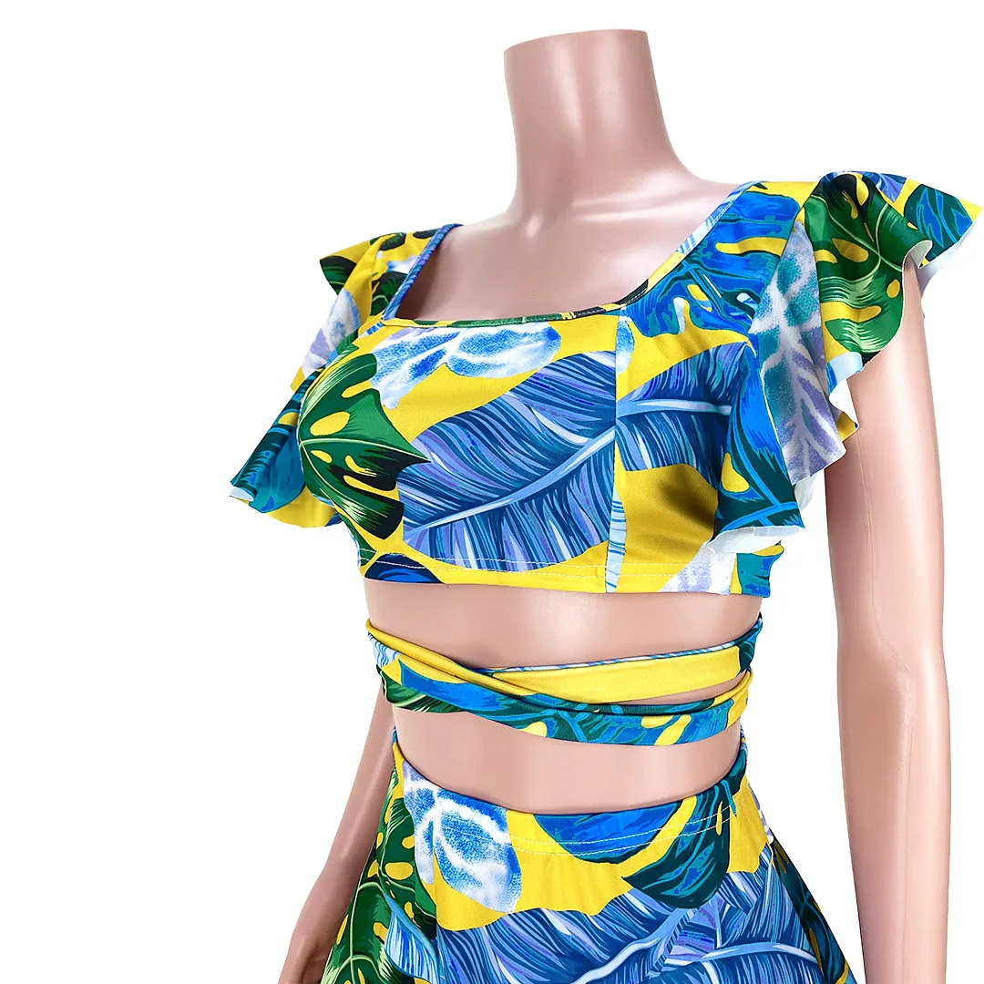 

Tropical Floral Dress Sets Plus Size Sexy Two Piece Set Ruffle Mini Skirts Crop Top Summer Vacation Outfits Dropshipping