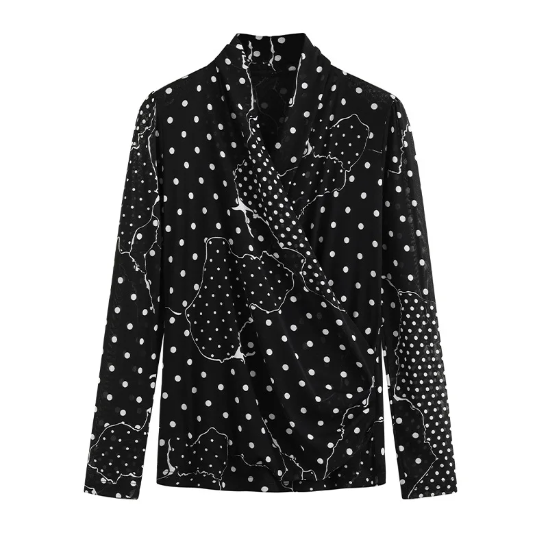 

Black Women Chiffon Blouse Shirt Long Sleeve Ruffle Dots Print V-Neck Korean 2020 Autumn New Office Ladies Vintage Blouses Tops