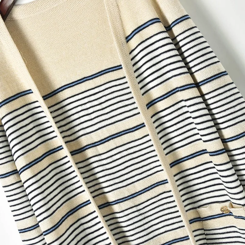Женский вязаный кардиган в полоску повседневный Свободный с длинным рукавом